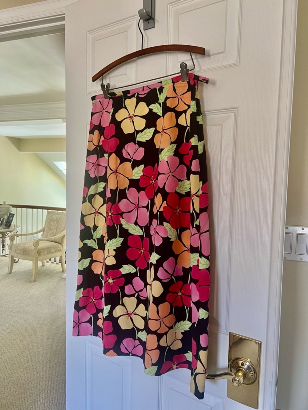 Talbots Hibiscus Floral A-Line Midi Skirt Black, Pink, Orange & Yellow Blooms - Picture 2 of 5